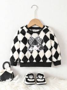 1pc Baby Girls' Elegant Cartoon Pattern Plush Sweatshirt For Fall And Winter - Black and White - View 1