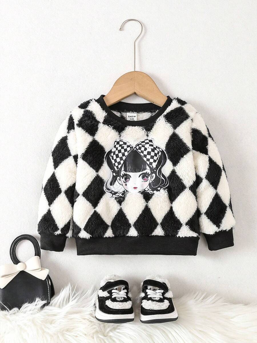 1pc Baby Girls' Elegant Cartoon Pattern Plush Sweatshirt For Fall And Winter - Black and White - View 1