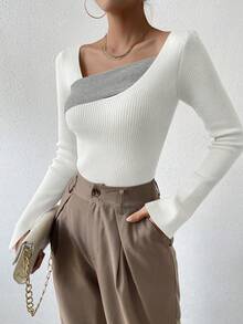 Chiquease 不對稱領口拼色拼接毛衣 - 白色 - 查看 6
