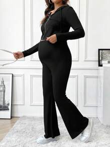 SHEIN Maternity Zipper Front Hoodie With Drawstring And Flared Pants 2pcs/Set - Black - View 5