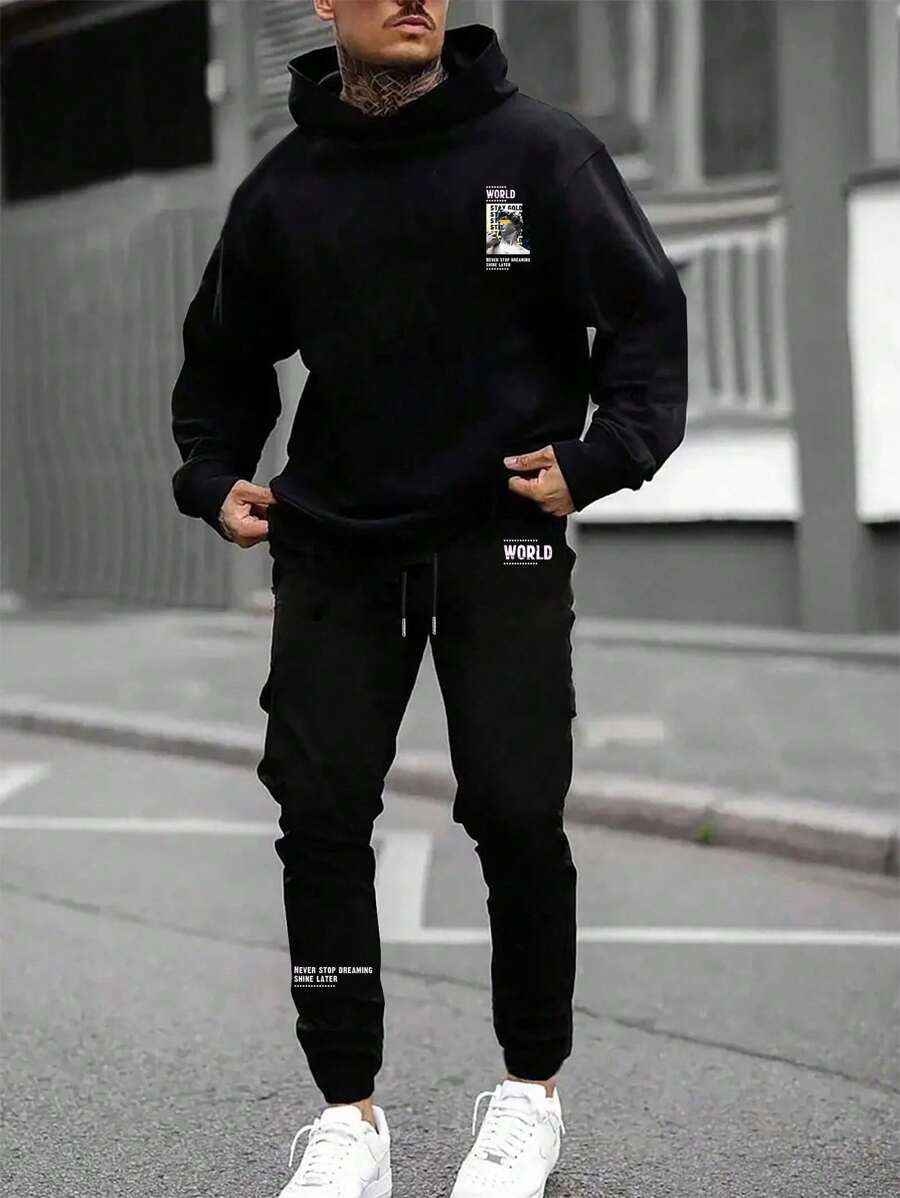 Manfinity 男士標語印花帽衫和汗褲兩件套裝 - 黑色 - 查看 1
