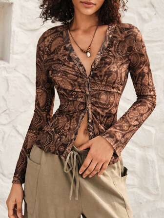 SHEIN BohoFeels Cowgirl V-Ausschnitt-Oberteil mit Paisley-Muster