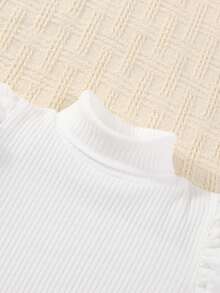 SHEIN Young Girl High Neck Leg Of Muttons Sleeve Top And Suspender Dress With Belt And Hat Set - Brown - View 8