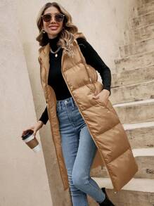 SHEIN Frenchy 抽绳连帽背心夹棉外套 - 杏色 - 查看 6