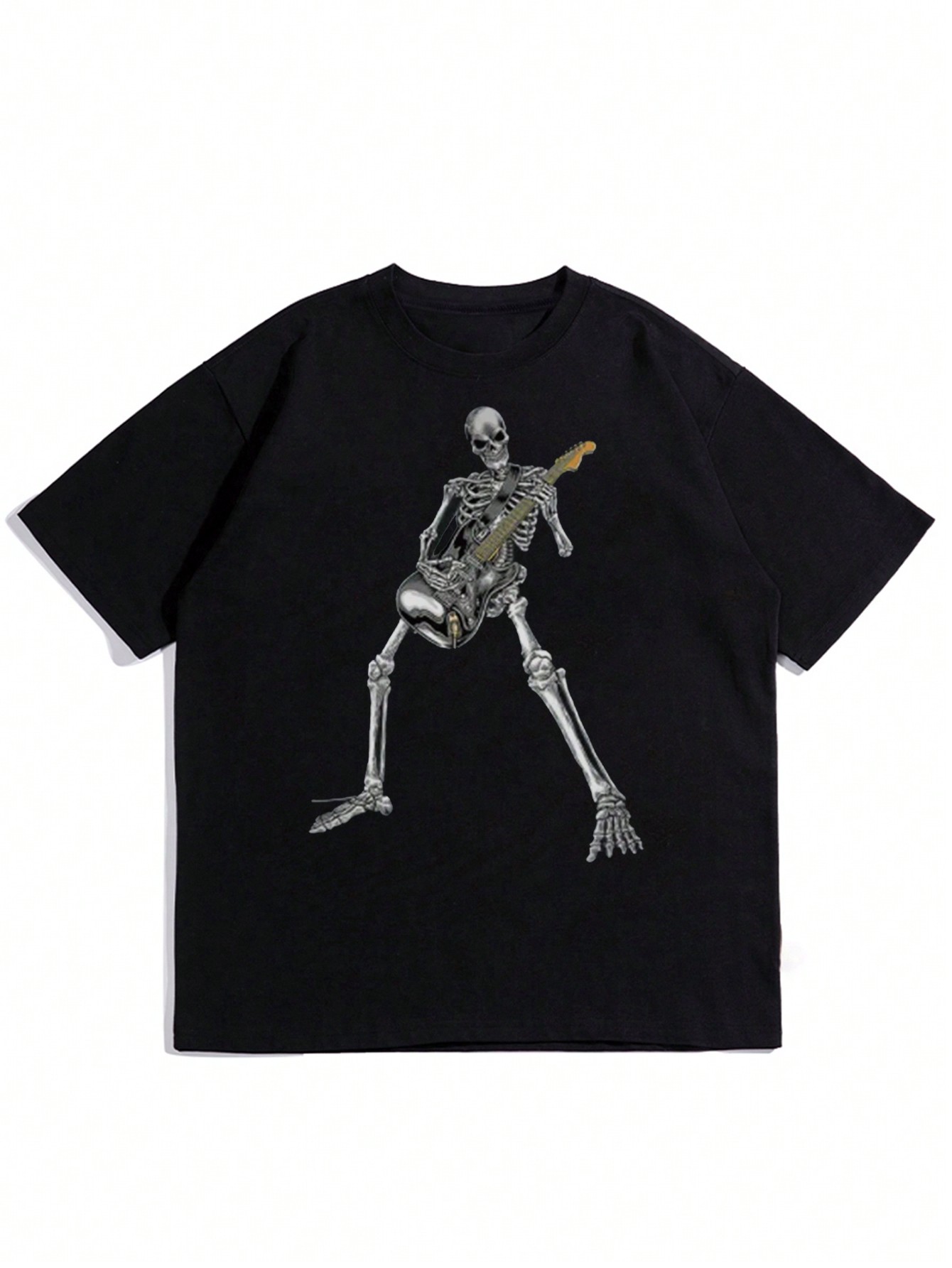 Men's Casual Funny Skeleton Guitar Print T-Shirt