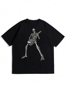 Men's Casual Funny Skull & Guitar Print T-Shirt, For Halloween - Black - View 1