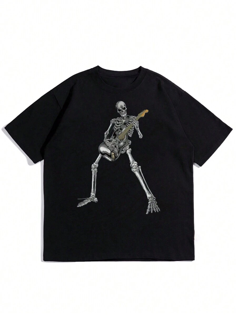 Men's Casual Funny Skull & Guitar Print T-Shirt, For Halloween - Black - View 1