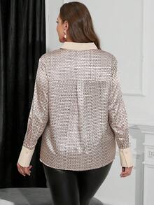 SHEIN Clasi Plus Size Full Printed Long Sleeve Satin Shirt - Apricot - View 2