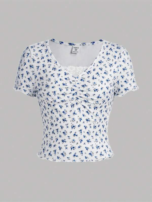 SHEIN Girlism Teen Girls' Knitted Floral Patchwork & Lace Decor Casual T-shirt