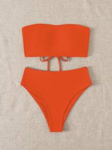 SHEIN Swim 夏季海灘無線實色無肩帶二件式比基尼泳衣，游泳衣 - 橘色 - 查看 4