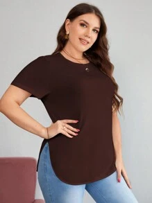 SHEIN Essnce Camiseta De Manga Corta Con Cuello Redondo Para Tallas Grandes - Café integral - Ver 3