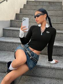 SHEIN EZwear Suéter Justo De Manga Comprida Com Zíper Na Metade - Preto e Branco - Visão 4