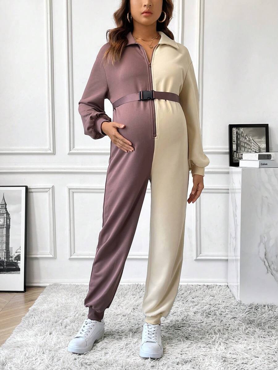 SHEIN Thai sản Khối màu Áo liền quần Với Thắt Lưng - Nhiều màu - Xem 1
