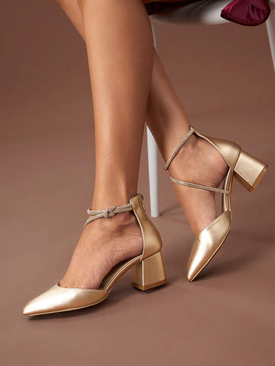 Của phụ nữ Thời trang Pointed Toe Dày Giày cao gót Rượu sâm banh Màu sắc Pha lê Trang trí Giày nữ Baotou Với Khóa - Rượu sâm banh - Xem 1
