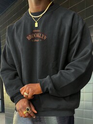 Men's Letter Print Slim Fit Casual Fleece Crew Neck Sweatshirt