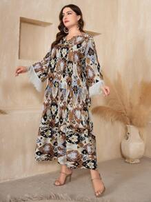 Al Najma Plus Size Women's Floral Printed Patchwork Furry Sleeve Cuff Dress - Brown - View 4