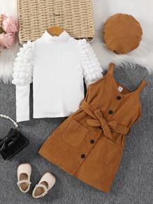 SHEIN Young Girl High Neck Leg Of Muttons Sleeve Top And Suspender Dress With Belt And Hat Set - Brown - View 1