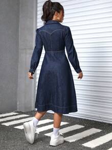 SHEIN PETITE Women's Denim Stitching Line Detail Dress - Dark Wash - View 2