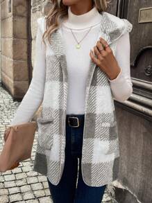SHEIN LUNE Plaid Hooded Vest Jacket - Multicolor - View 1