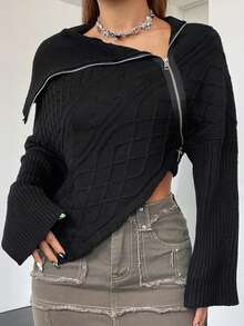 SHEIN Coolane Asymmetrical Zipper Collar Drop Shoulder Sweater - Black - View 6
