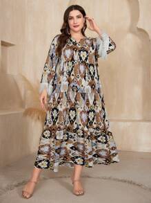 Al Najma Plus Size Women's Floral Printed Patchwork Furry Sleeve Cuff Dress - Brown - View 3
