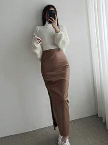 DAZY Women's Side Slit Pu Skirt,Pencil Skirt Fall,Winter Leather Skirt - Brown - View 3