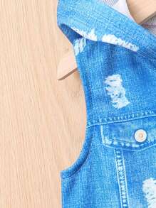 Baby Boys' Denim Effect Hooded Vest Jacket With Solid Color Sweatshirt And Pants Set - Blue - View 5