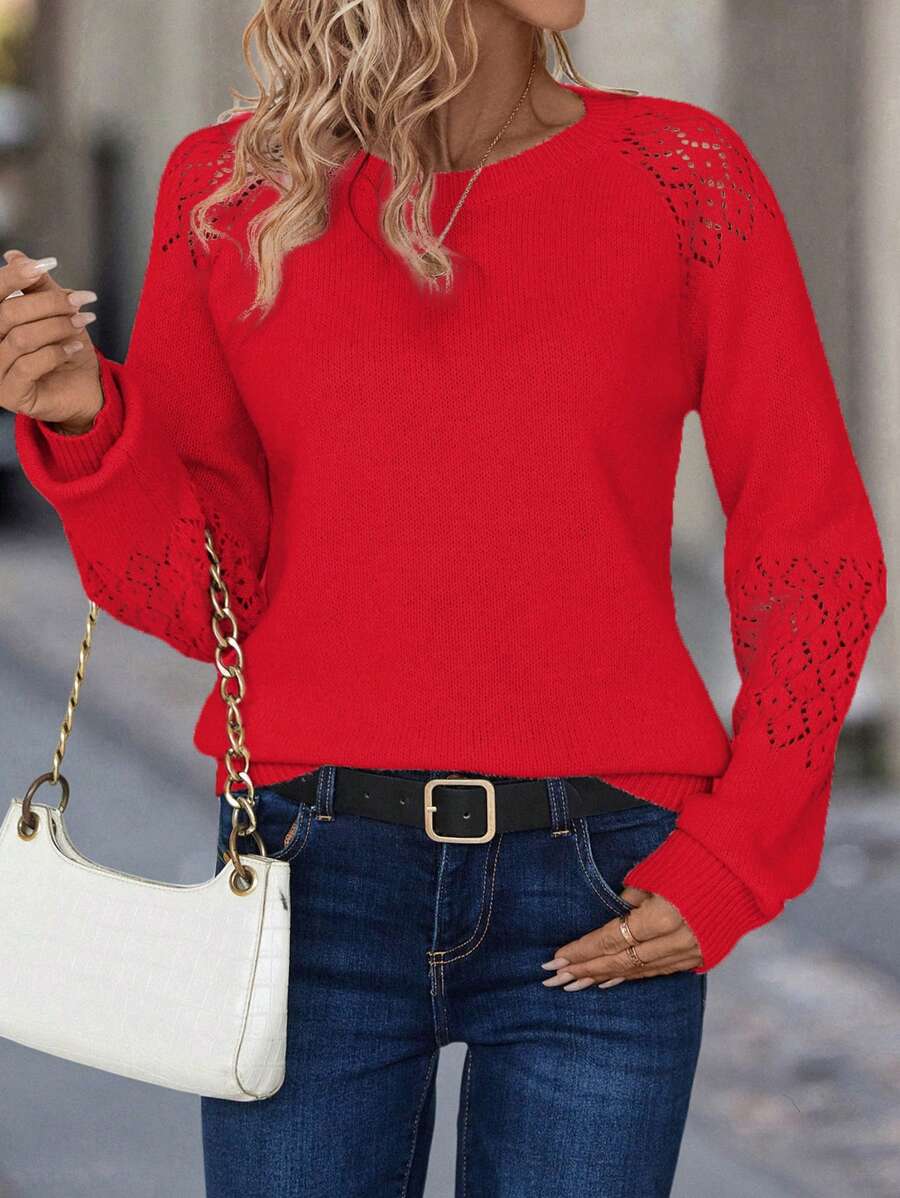SHEIN LUNE 插肩袖破洞設計針織毛衣 - 紅色 - 查看 1