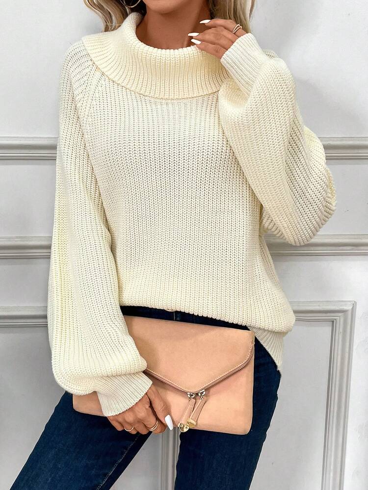 Women's Solid Color Turtleneck Raglan Sleeve Loose Casual Knit Pullover Fall Winter Sweater