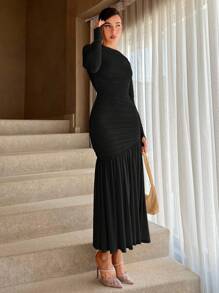 Aloruh Women's Solid Color Pleated Dress,Tea Party Dress - Black - View 3