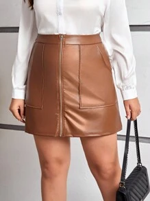 SHEIN Privé Plus Size Zippered High Waist Skirt - Brown - View 6