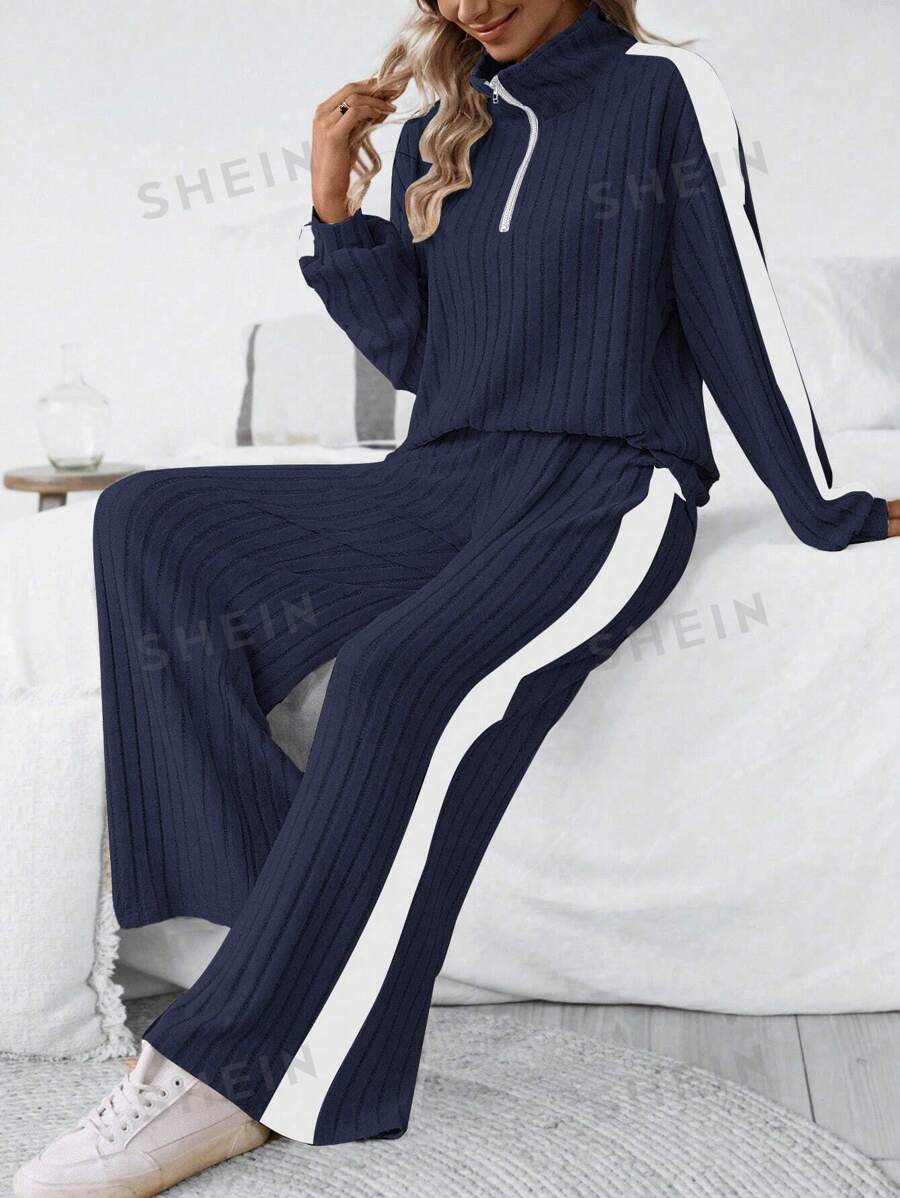 SHEIN LUNE Conjunto de suéter y pantalones de punto acanalado de colores contrastantes