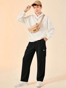 SHEIN 少年男孩休閒寬鬆側邊紋罩衣直腿褲,附有口袋 - 黑色 - 查看 4