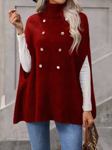 SHEIN LUNE Women's Turtle Neck Double-Breasted Cape Sleeve Knit Pullover Fall Winter Sweater - Burgundy - View 4