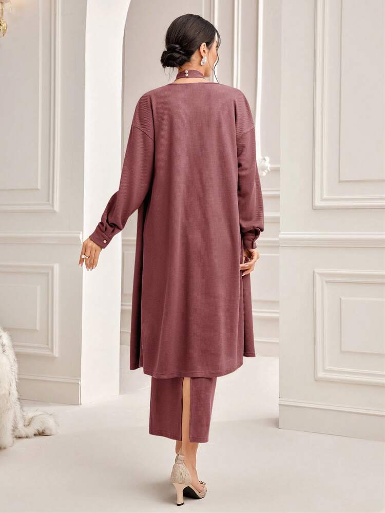 Cross Halter Neck Dress Without Waist Belt And Open Front Coat 2pcs/Set 2 Piece Set