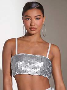 SHEIN BAE Top Corto Sin Mangas Con Tirantes Finos Y Purpurina - Plateado - Ver 6