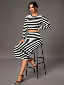 SHEIN Tall Women's Stripe 2pcs Set - Multicolor - View 1