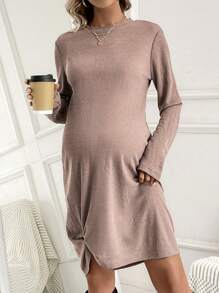 SHEIN 孕婦純色扭褶下擺連身裙 - 紅木色 - 查看 4