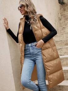 SHEIN Frenchy 抽绳连帽背心夹棉外套 - 杏色 - 查看 1