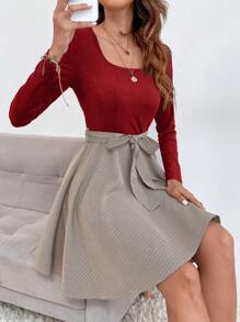 SHEIN Essnce 女款長袖格子束帶連身裙 - 酒紅色 - 查看 1