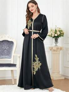 SISKAKIA 带子修饰下摆长袖贴花 V 领腰带穆斯林女士长袍派对节日 - 黑色 - 查看 4