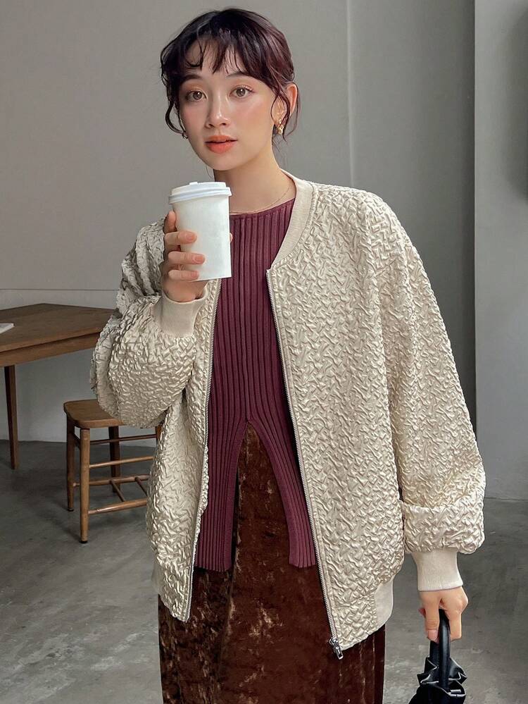 Solid Zip Up Drop Shoulder Bomber Jacket