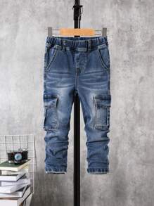 Toddler Boys' Water Washed Denim Jeans With Flap Pockets And Side Stripes - Dark Wash - View 1