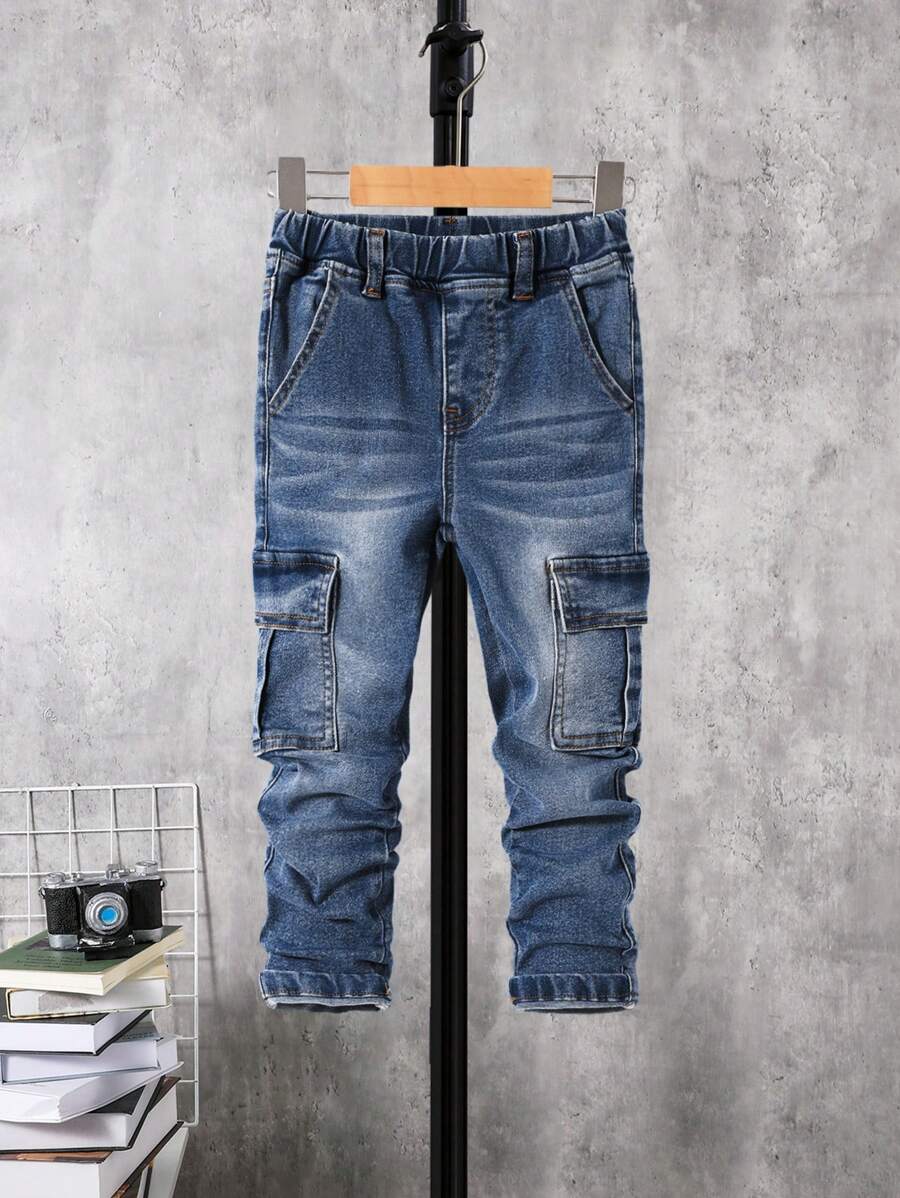 Toddler Boys' Water Washed Denim Jeans With Flap Pockets And Side Stripes - Dark Wash - View 1