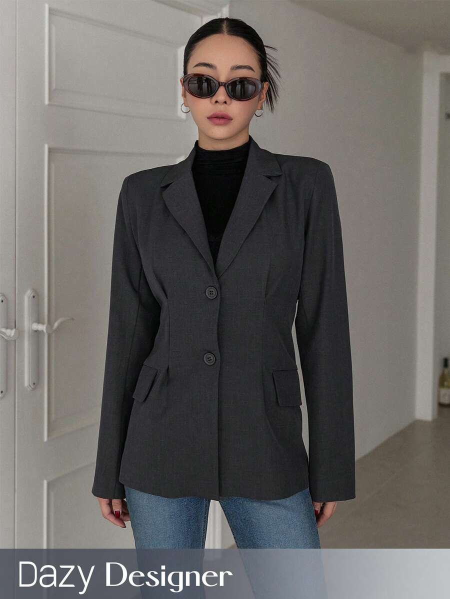 Dazy Designer Cổ áo Ngực đơn Áo vest - Xám - Xem 1