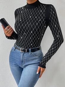 SHEIN Privé Của phụ nữ Pha lê Nghệ Embellished Họa tiết Lưới Đứng cổ áo Áo thun - màu đen - Xem 4