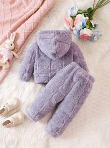 Baby Girl Heart Embossed Plush Hooded Two Piece Set