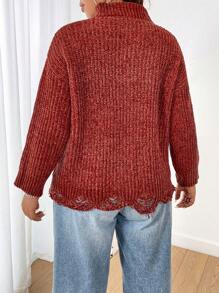 Flirla Áo len dệt kim cổ đứng, viền rách, chất liệu chenille, cỡ lớn, thích hợp cho mùa thu đông. - Lạc đà - Xem 2