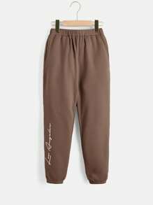 SHEIN Leap Crew Tween Boys' Casual Comfortable Letter Printed Thermal Lined Sweatshirt And Pants Two Piece Set - Brown - View 5
