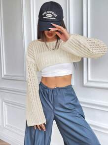 SHEIN Unity Women's Solid Color Hollow Cropped Sweater,Long Sleeve Tops Knit Pullover Fall Winter Sweater - Apricot - View 4